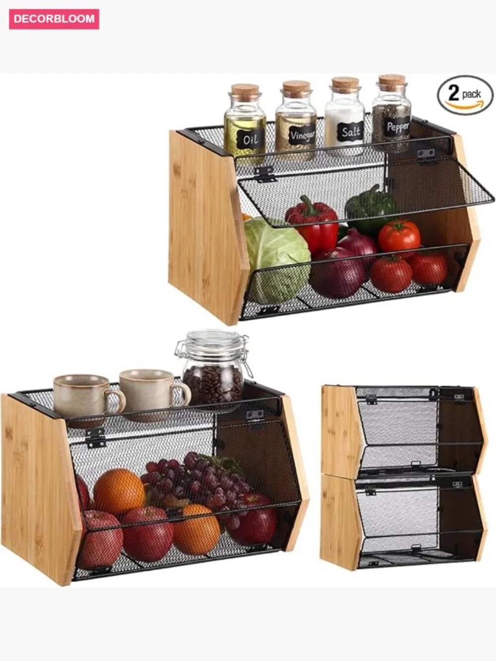 Stainless Steel Mesh Stackable Fruit Baskets with Lids - Wall Mountable Storage